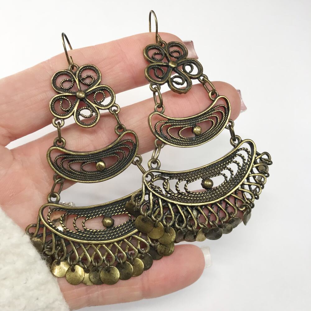 Vintage Filigree Brass Shoulder Duster Fringe Drop Earrings 3 Inch Wire Boho